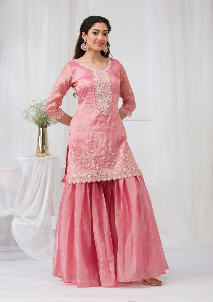 Pink Threadwork Semi Crepe Readymade Sharara Suit