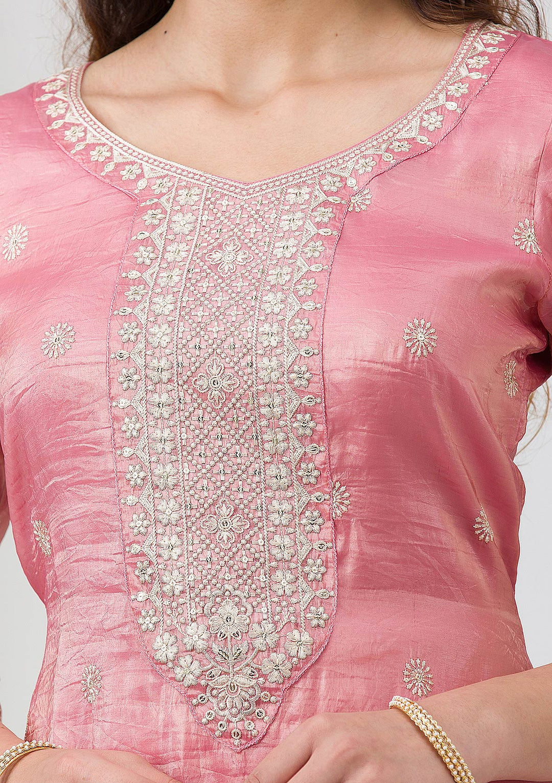 Pink Threadwork Semi Crepe Readymade Sharara Suit