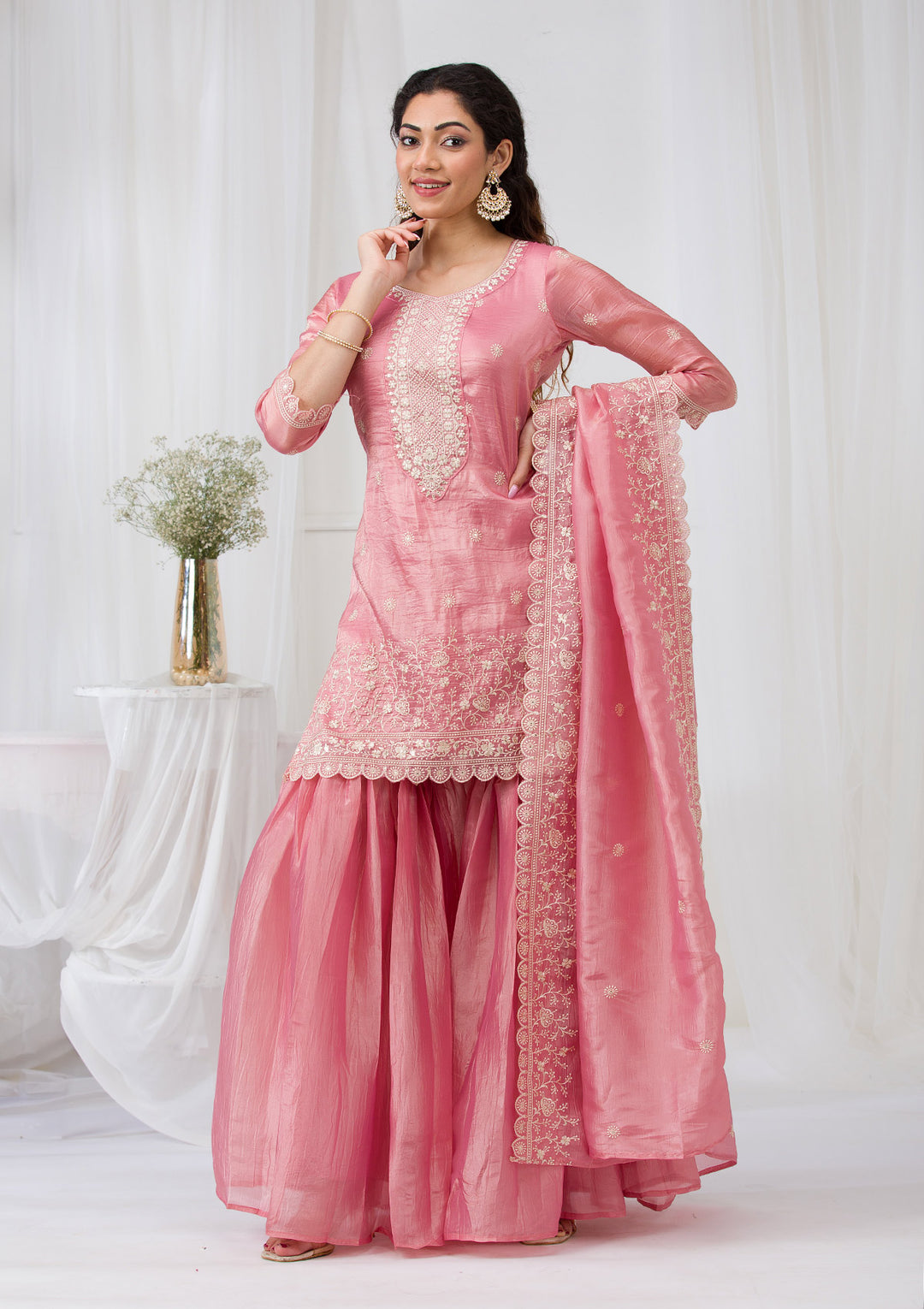 Pink Threadwork Semi Crepe Readymade Sharara Suit