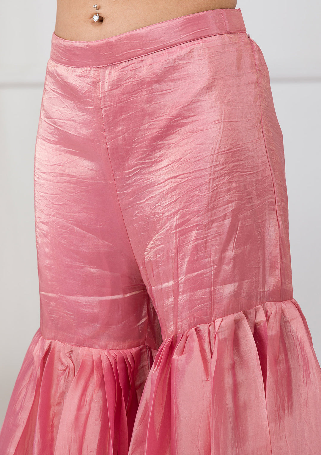 Pink Threadwork Semi Crepe Readymade Sharara Suit