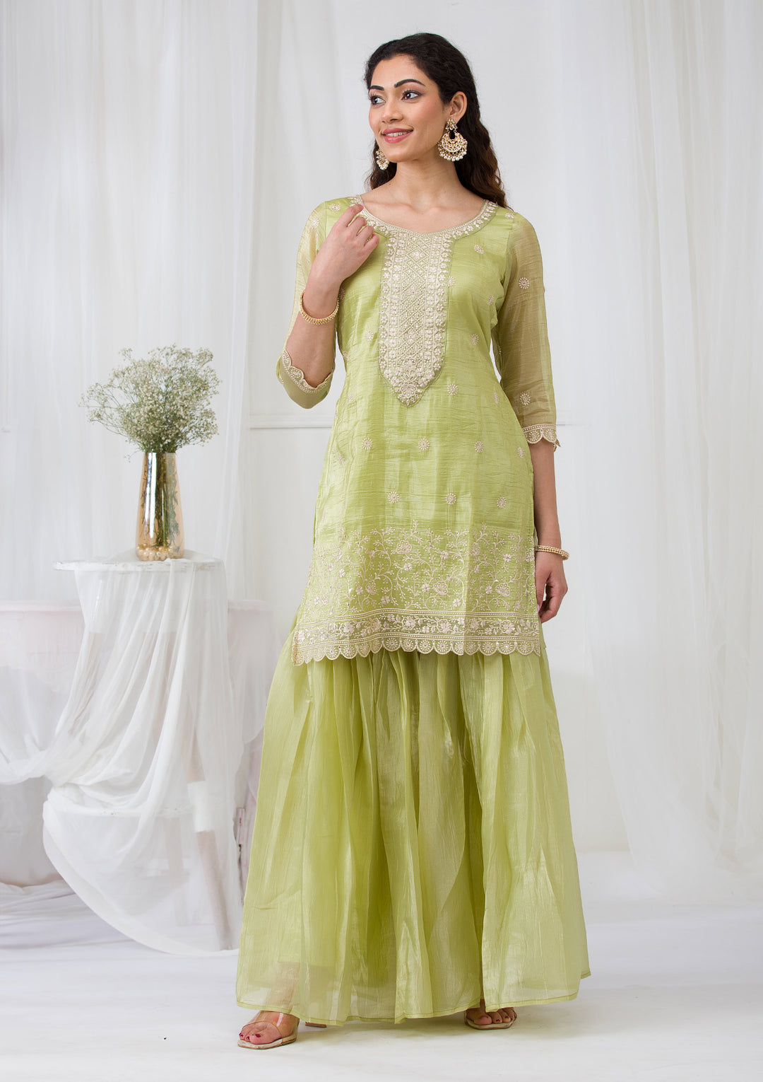 Pista Green Threadwork Semi Crepe Readymade Sharara Suit