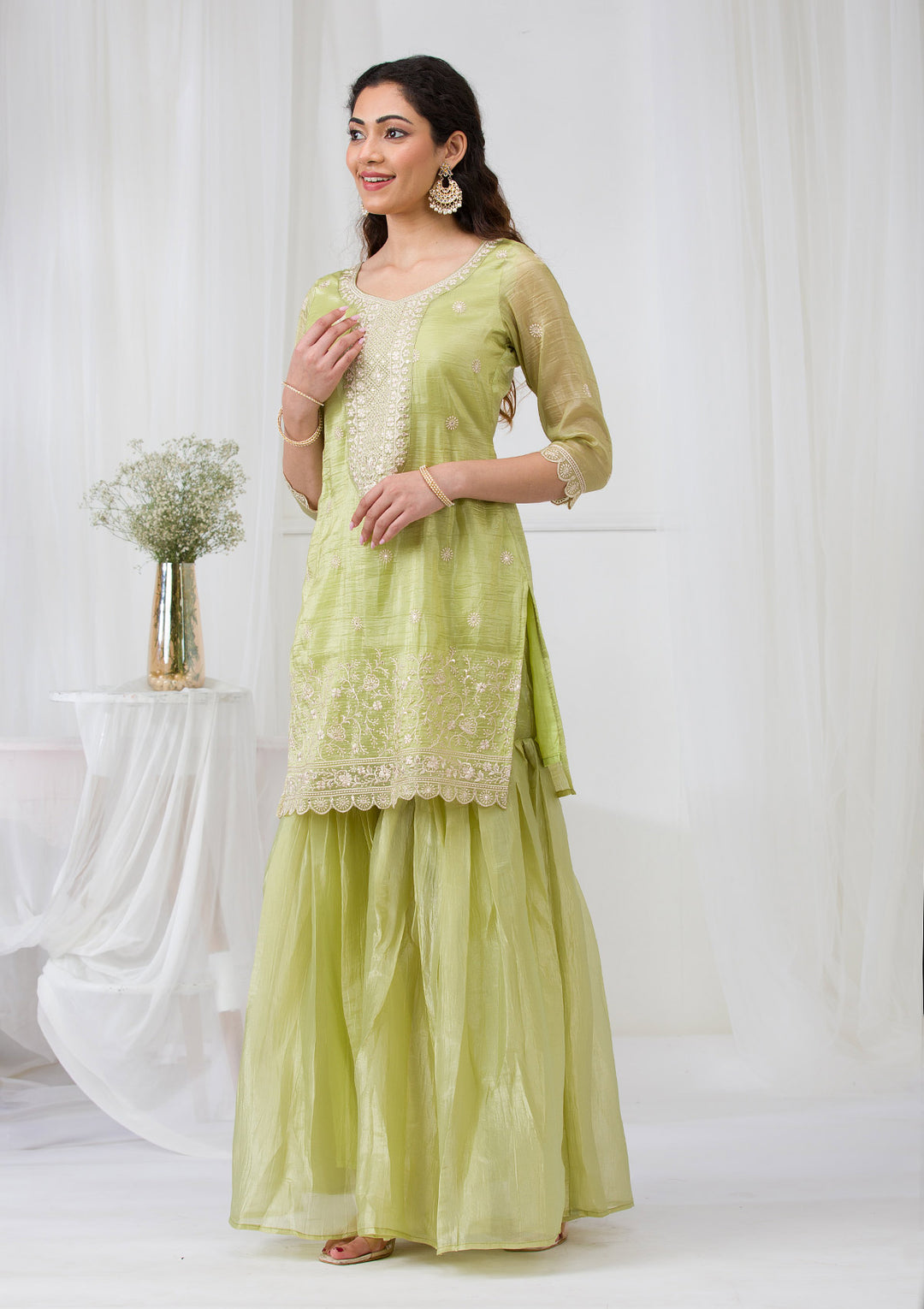 Pista Green Threadwork Semi Crepe Readymade Sharara Suit