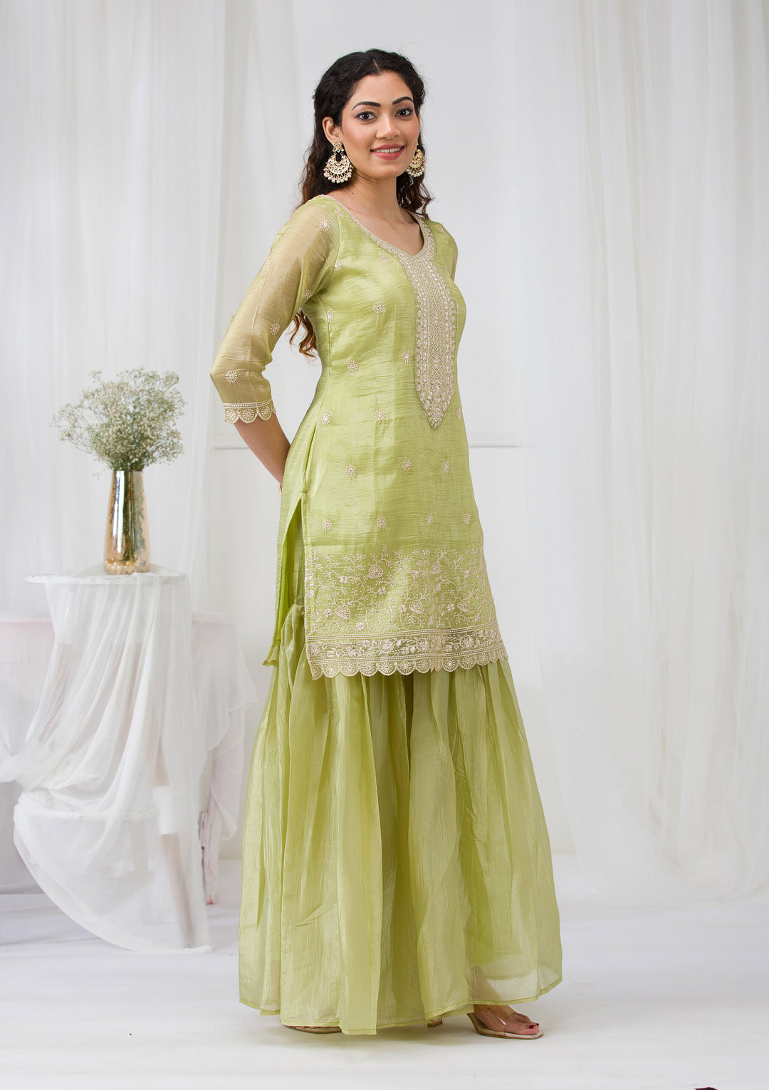 Pista Green Threadwork Semi Crepe Readymade Sharara Suit