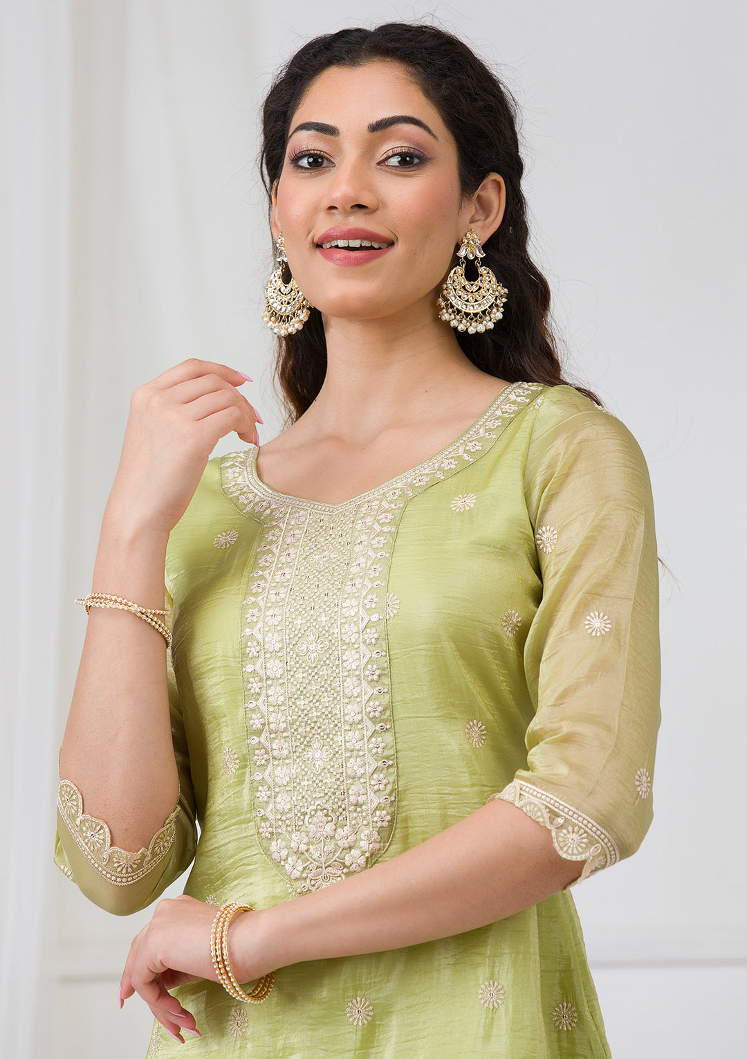 Pista Green Threadwork Semi Crepe Readymade Sharara Suit