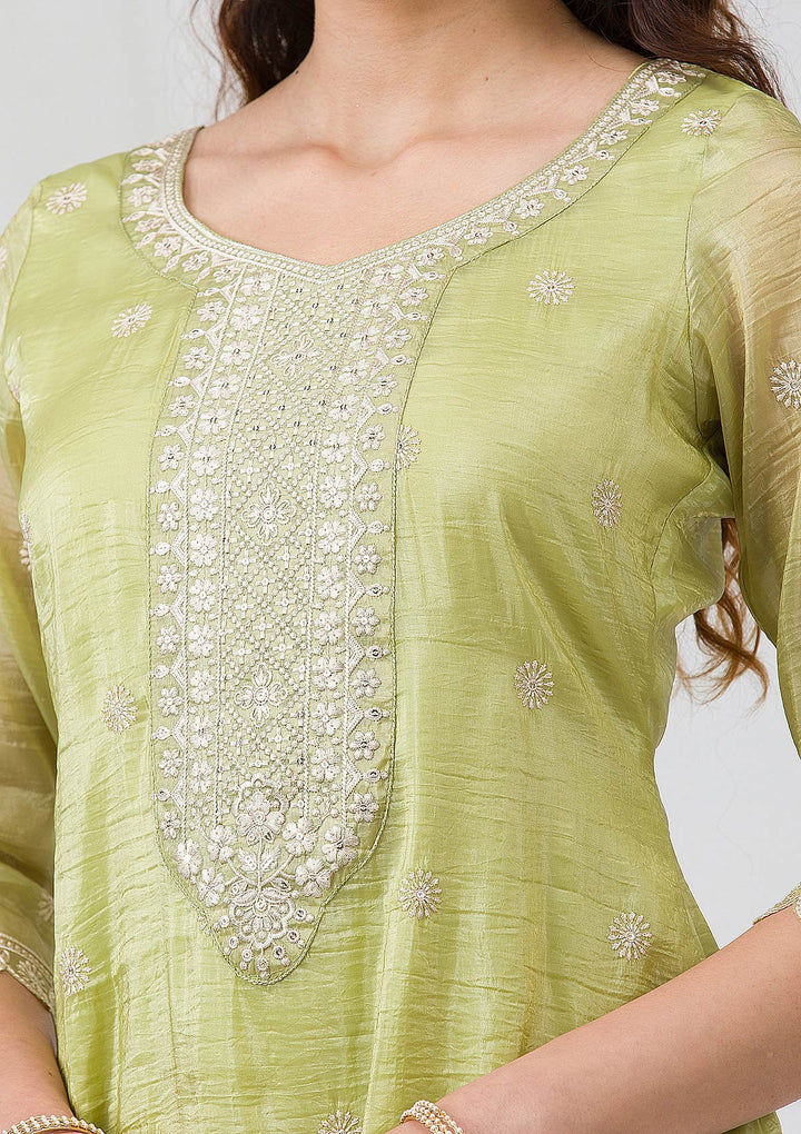 Pista Green Threadwork Semi Crepe Readymade Sharara Suit