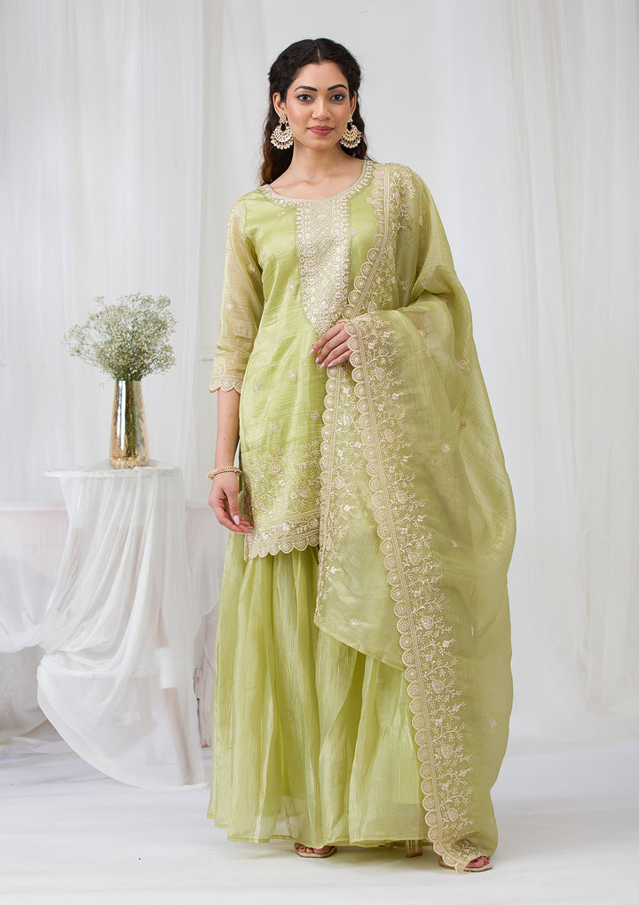 Pista Green Threadwork Semi Crepe Readymade Sharara Suit