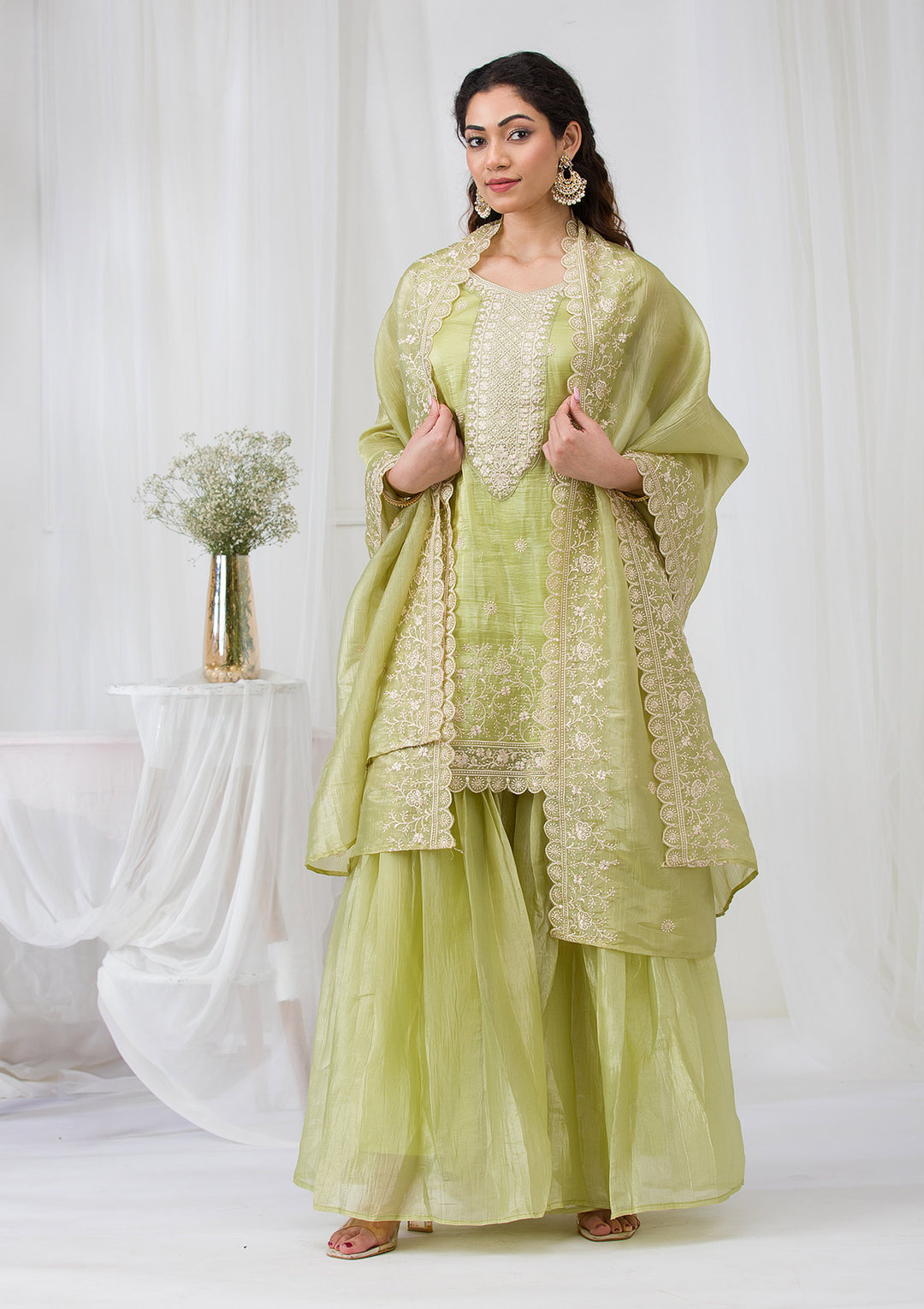 Pista Green Threadwork Semi Crepe Readymade Sharara Suit