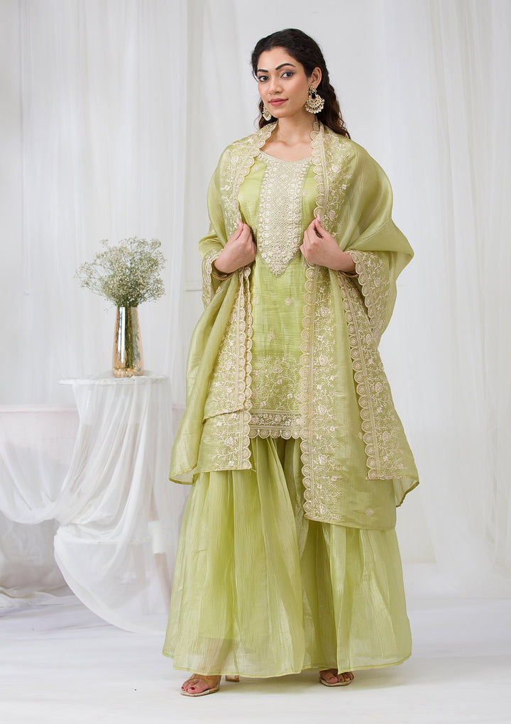 Pista Green Threadwork Semi Crepe Readymade Sharara Suit