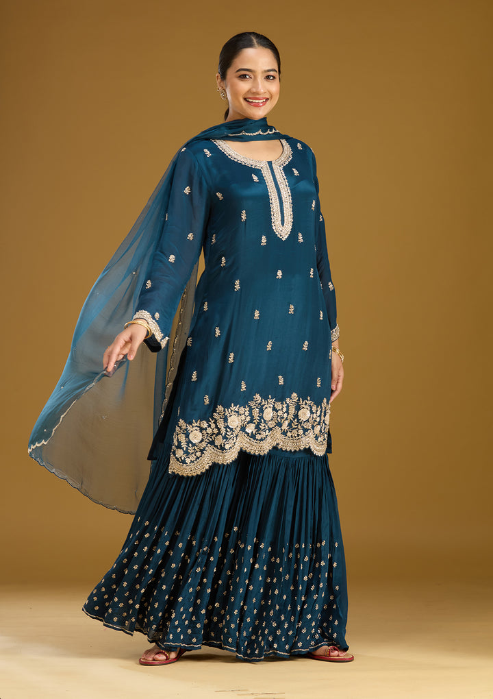 Blue Crepe Silver Zariwork Straight Kurta With Sharara And Dupatta