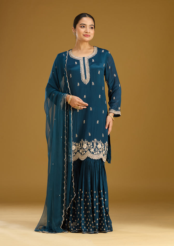 Blue Crepe Silver Zariwork Straight Kurta With Sharara And Dupatta