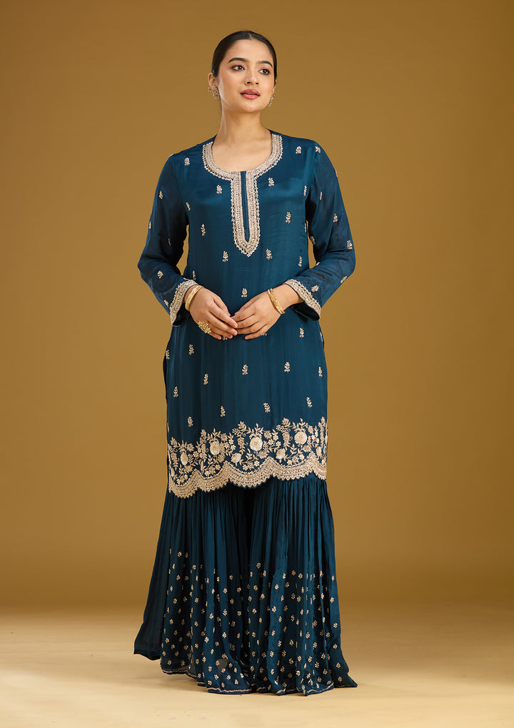 Blue Crepe Silver Zariwork Straight Kurta With Sharara And Dupatta
