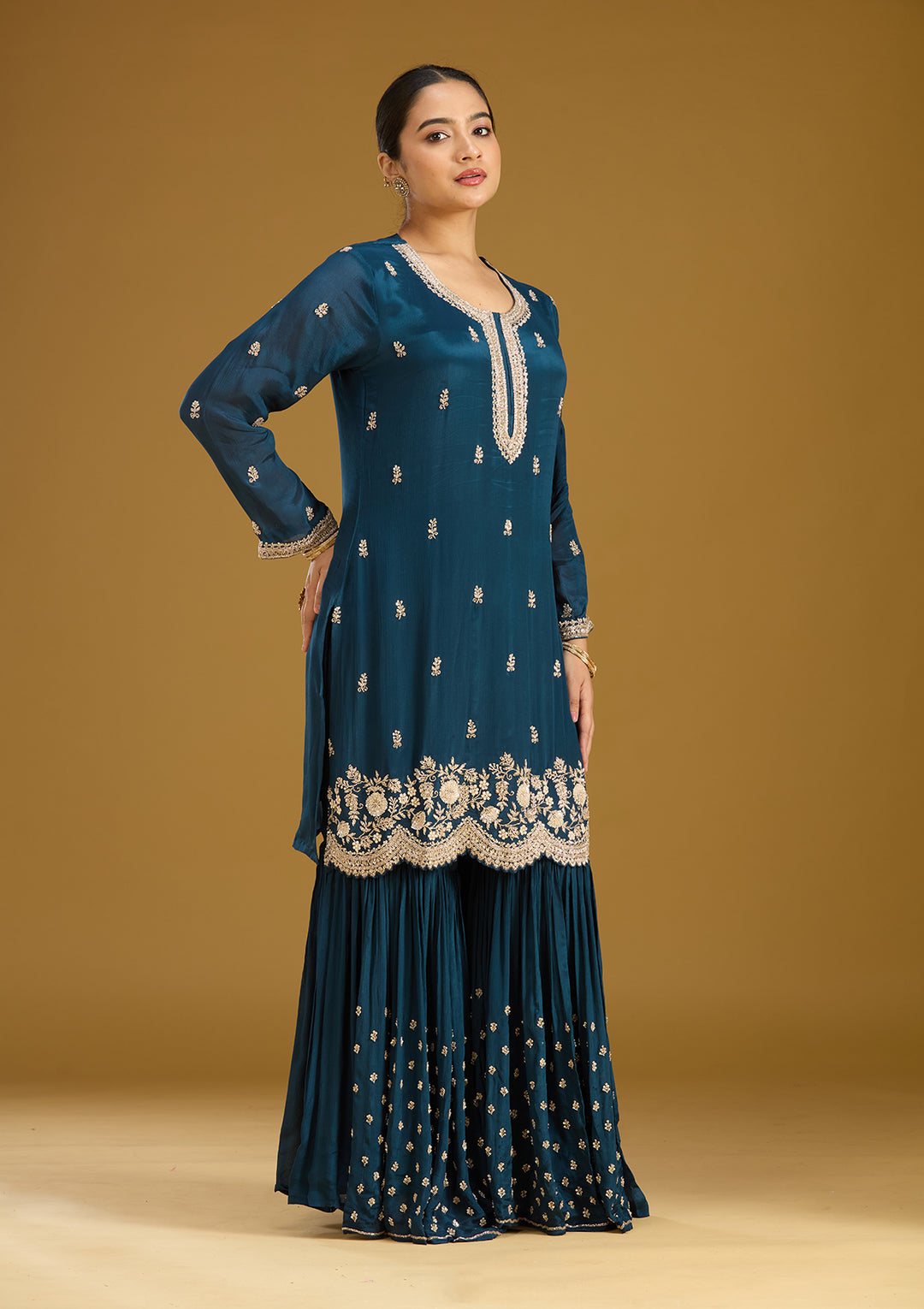 Blue Crepe Silver Zariwork Straight Kurta With Sharara And Dupatta
