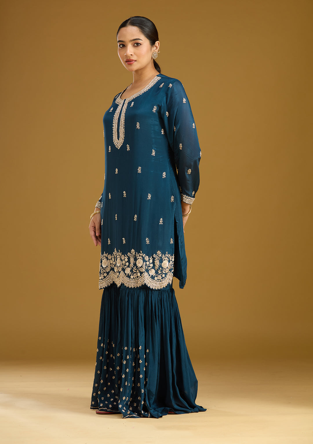 Blue Crepe Silver Zariwork Straight Kurta With Sharara And Dupatta