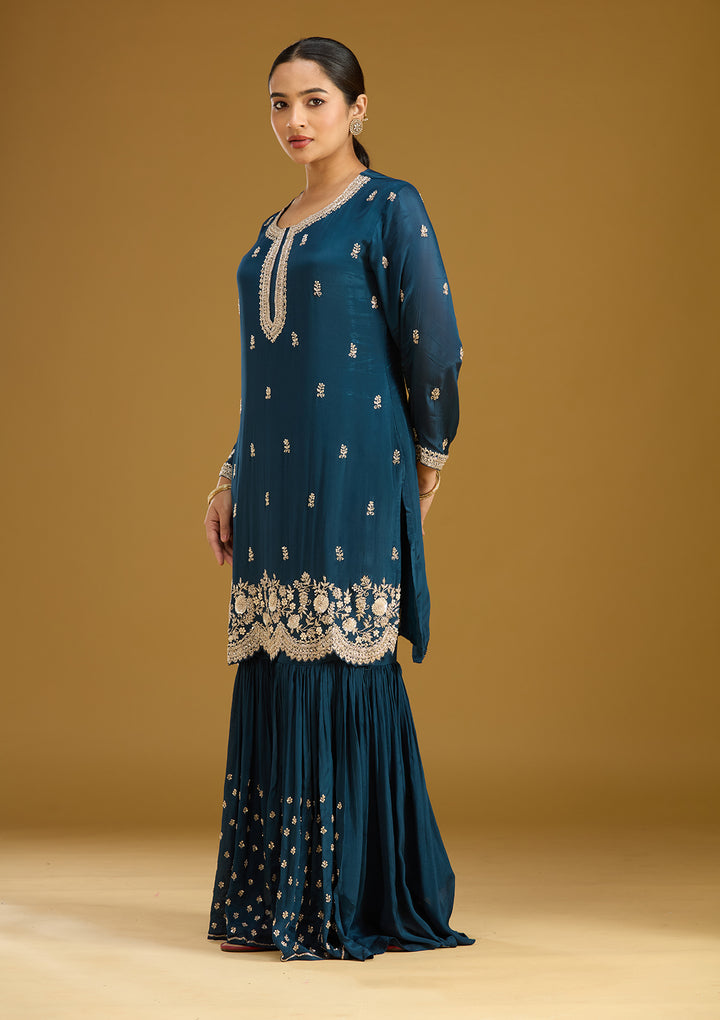 Blue Crepe Silver Zariwork Straight Kurta With Sharara And Dupatta