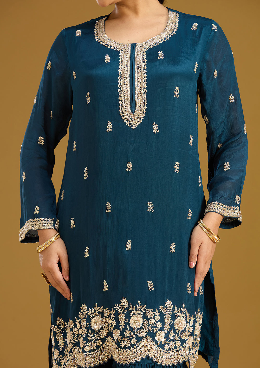 Blue Crepe Silver Zariwork Straight Kurta With Sharara And Dupatta