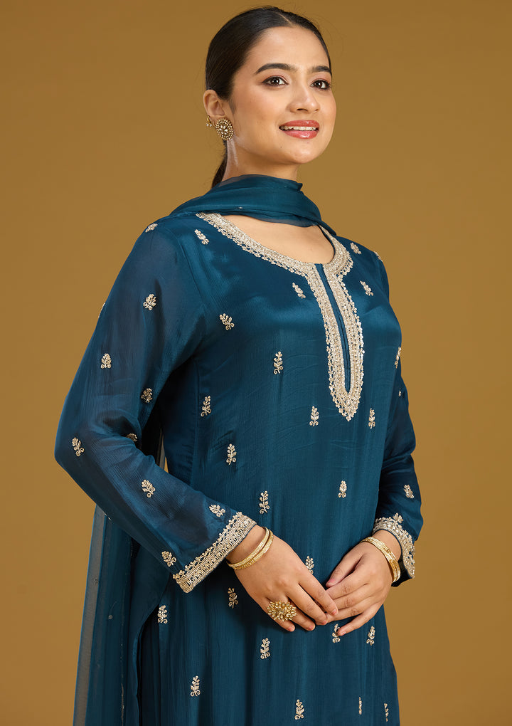 Blue Crepe Silver Zariwork Straight Kurta With Sharara And Dupatta
