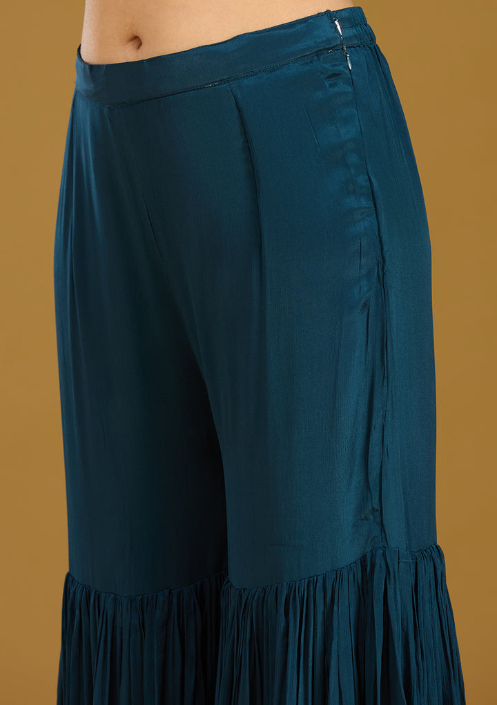Blue Crepe Silver Zariwork Straight Kurta With Sharara And Dupatta