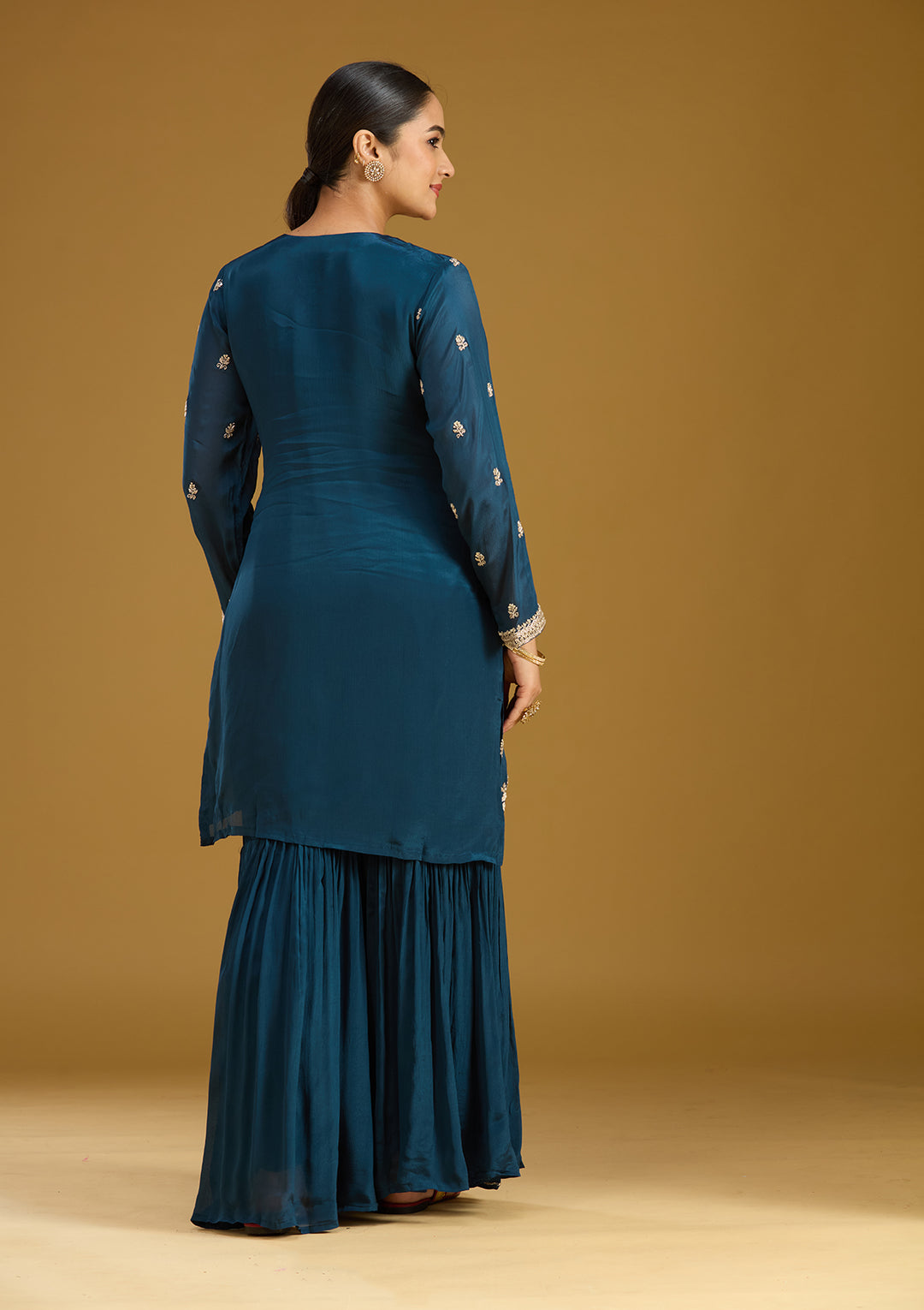 Blue Crepe Silver Zariwork Straight Kurta With Sharara And Dupatta
