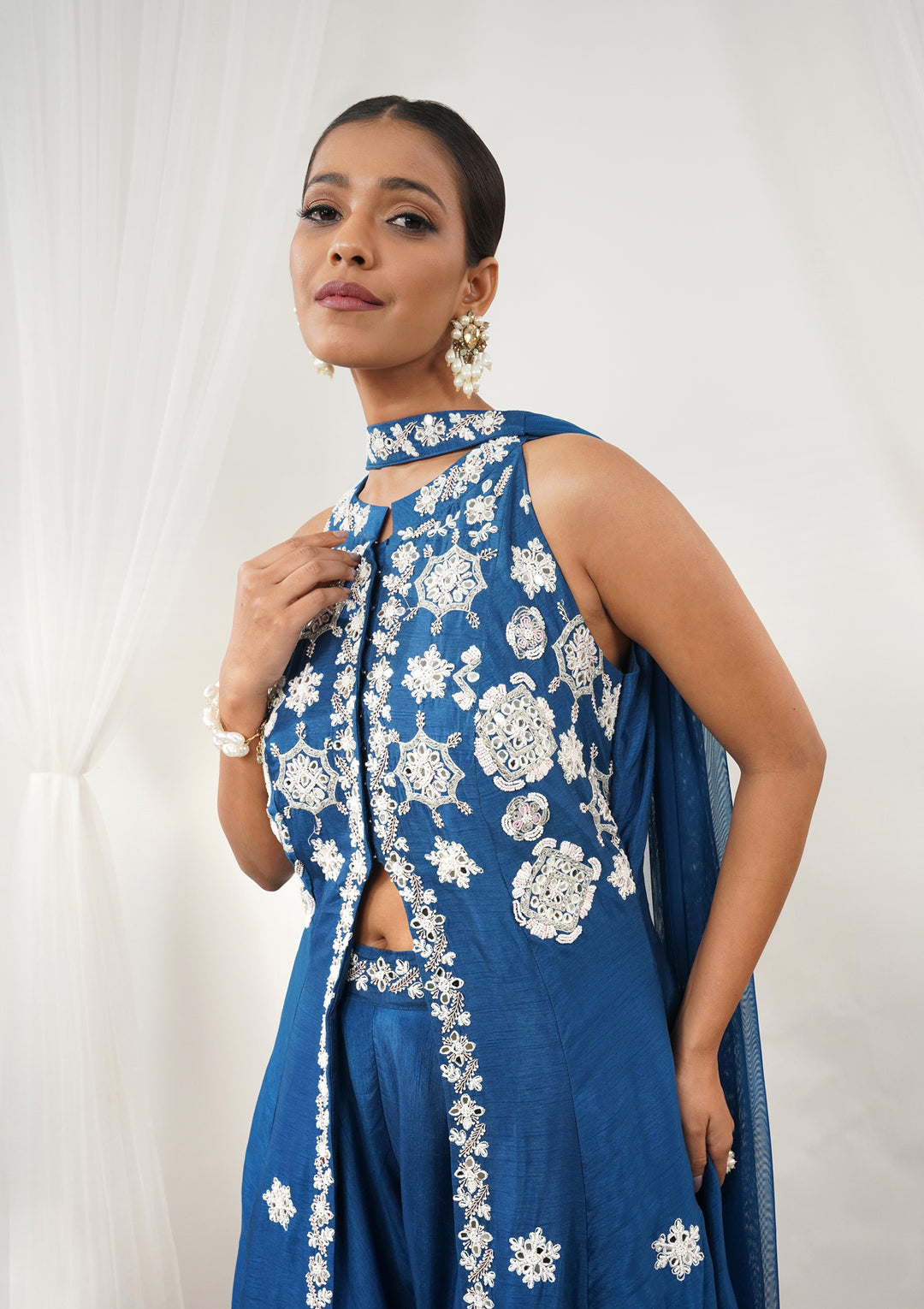 Royal Blue Crepe Cutdana A Line Kurta With Bottom And Dupatta