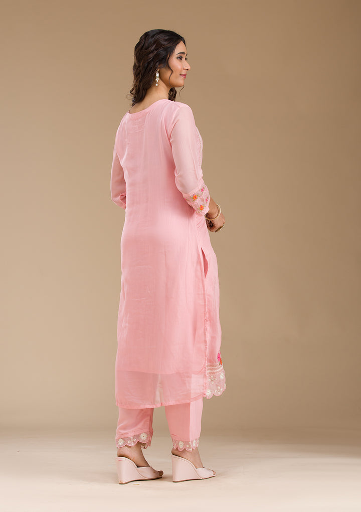 Baby Pink Threadwork Semi Crepe Readymade Salwar Suit