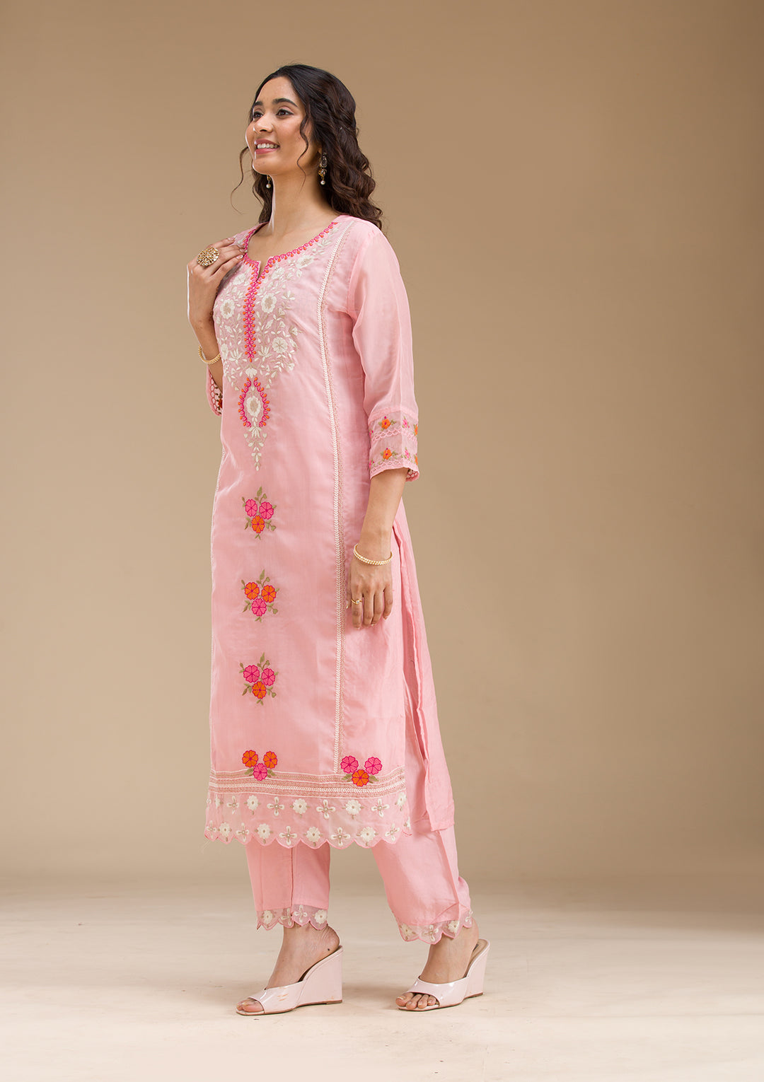 Baby Pink Threadwork Semi Crepe Readymade Salwar Suit