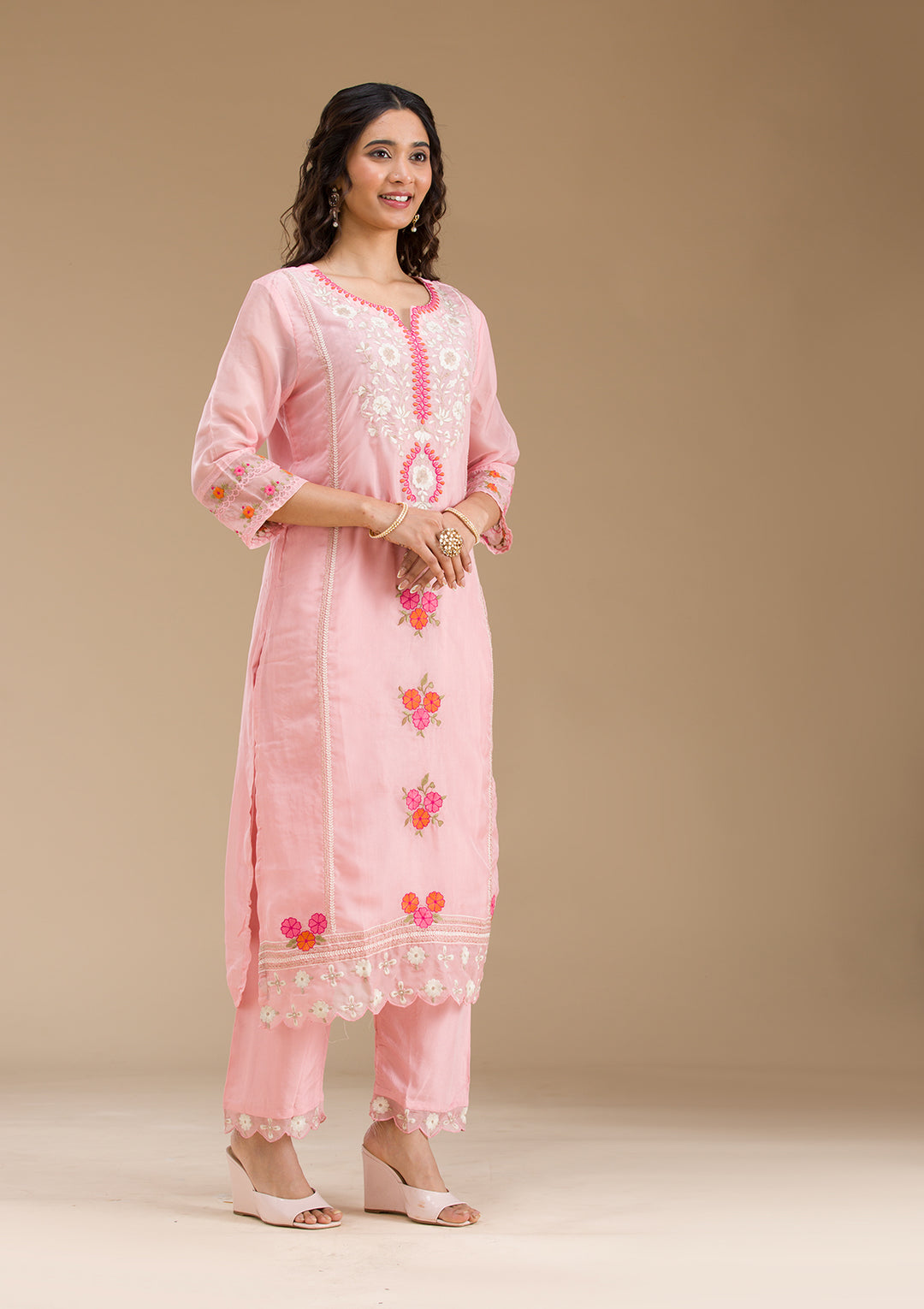 Baby Pink Threadwork Semi Crepe Readymade Salwar Suit