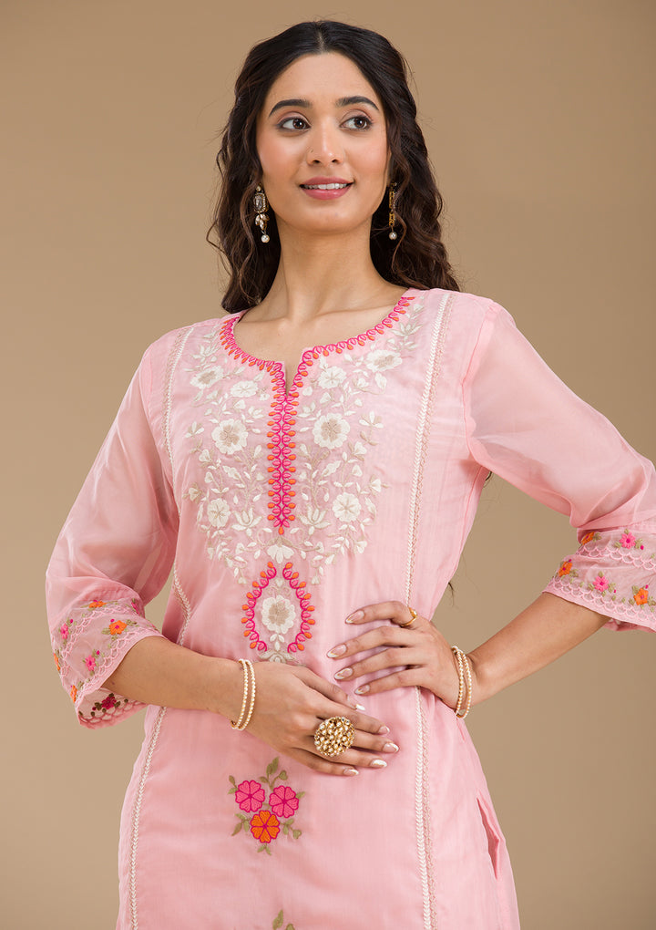 Baby Pink Threadwork Semi Crepe Readymade Salwar Suit