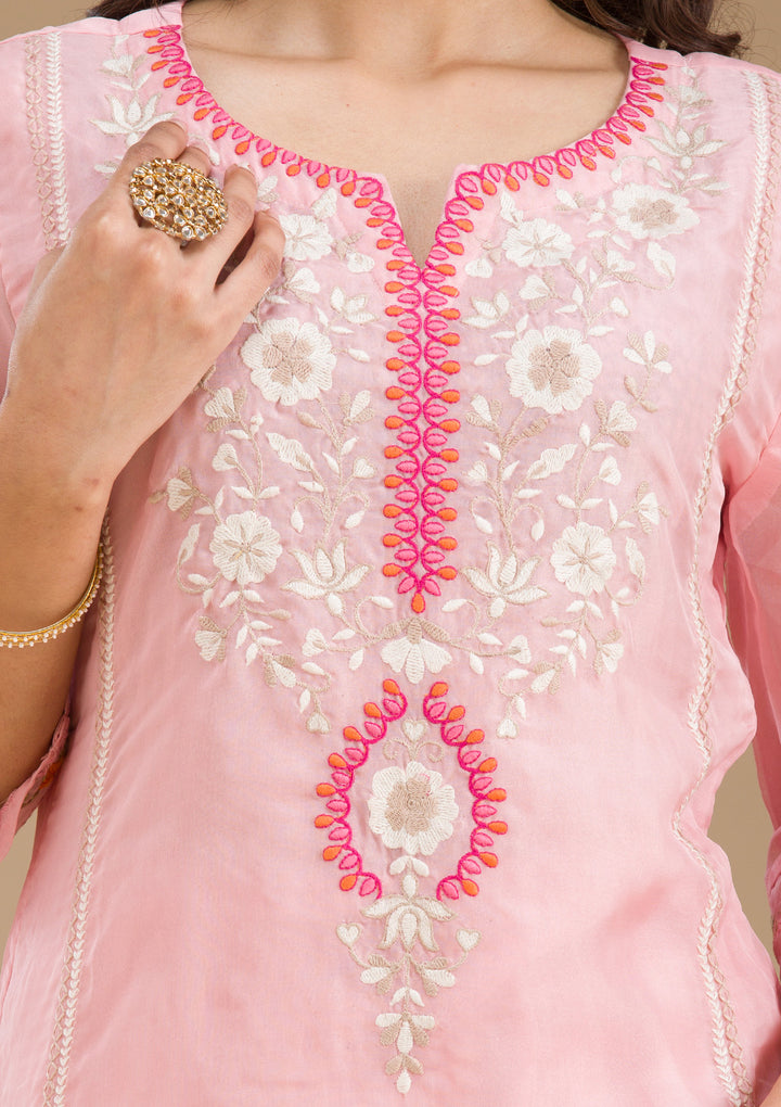 Baby Pink Threadwork Semi Crepe Readymade Salwar Suit