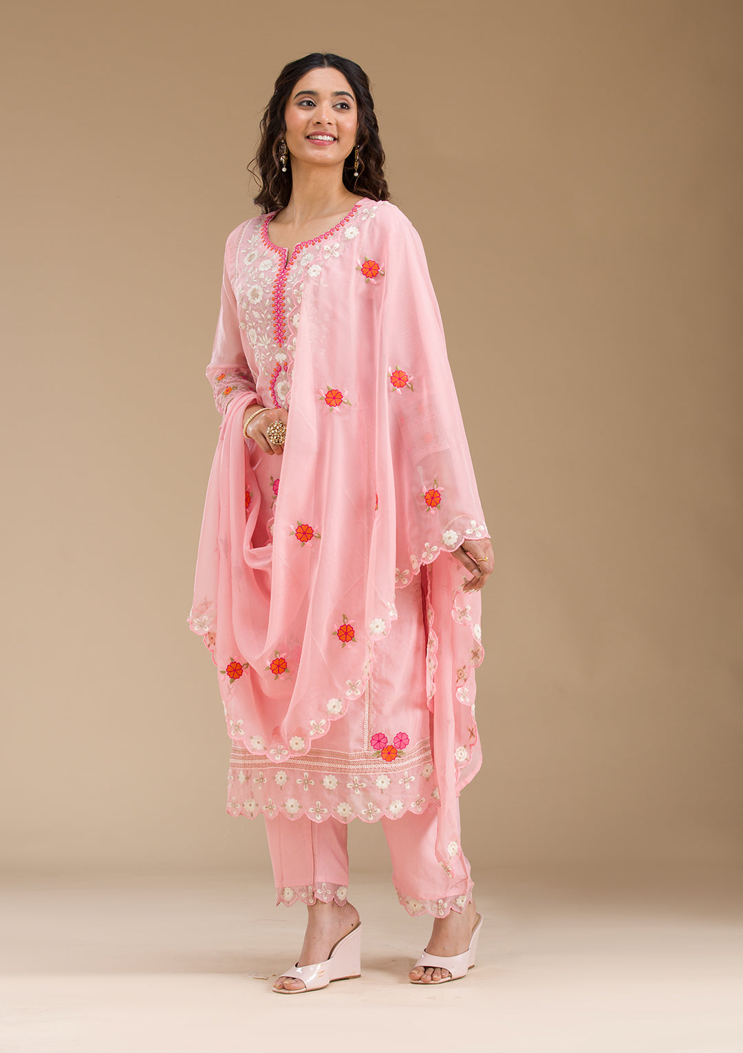 Baby Pink Threadwork Semi Crepe Readymade Salwar Suit