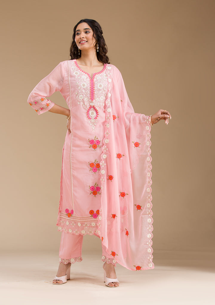 Baby Pink Threadwork Semi Crepe Readymade Salwar Suit