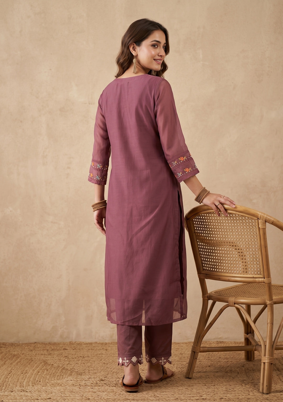 Mauve Threadwork Organza Readymade Salwar Suit