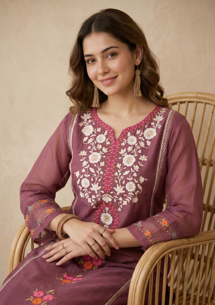Mauve Threadwork Organza Readymade Salwar Suit