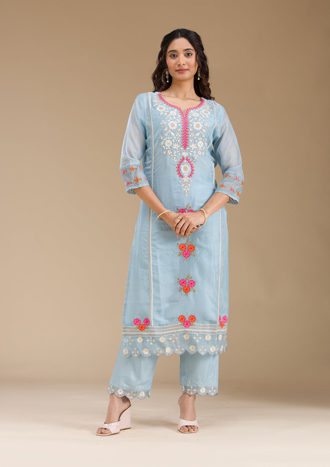 Sky Blue Threadwork Semi Crepe Readymade Salwar Suit