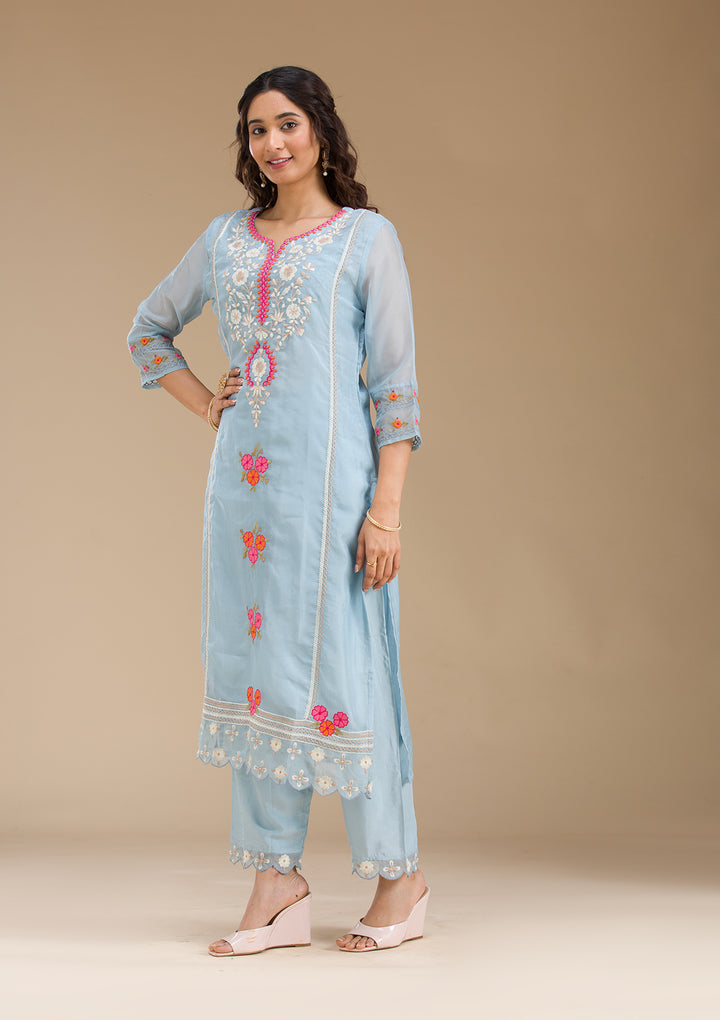 Sky Blue Threadwork Semi Crepe Readymade Salwar Suit