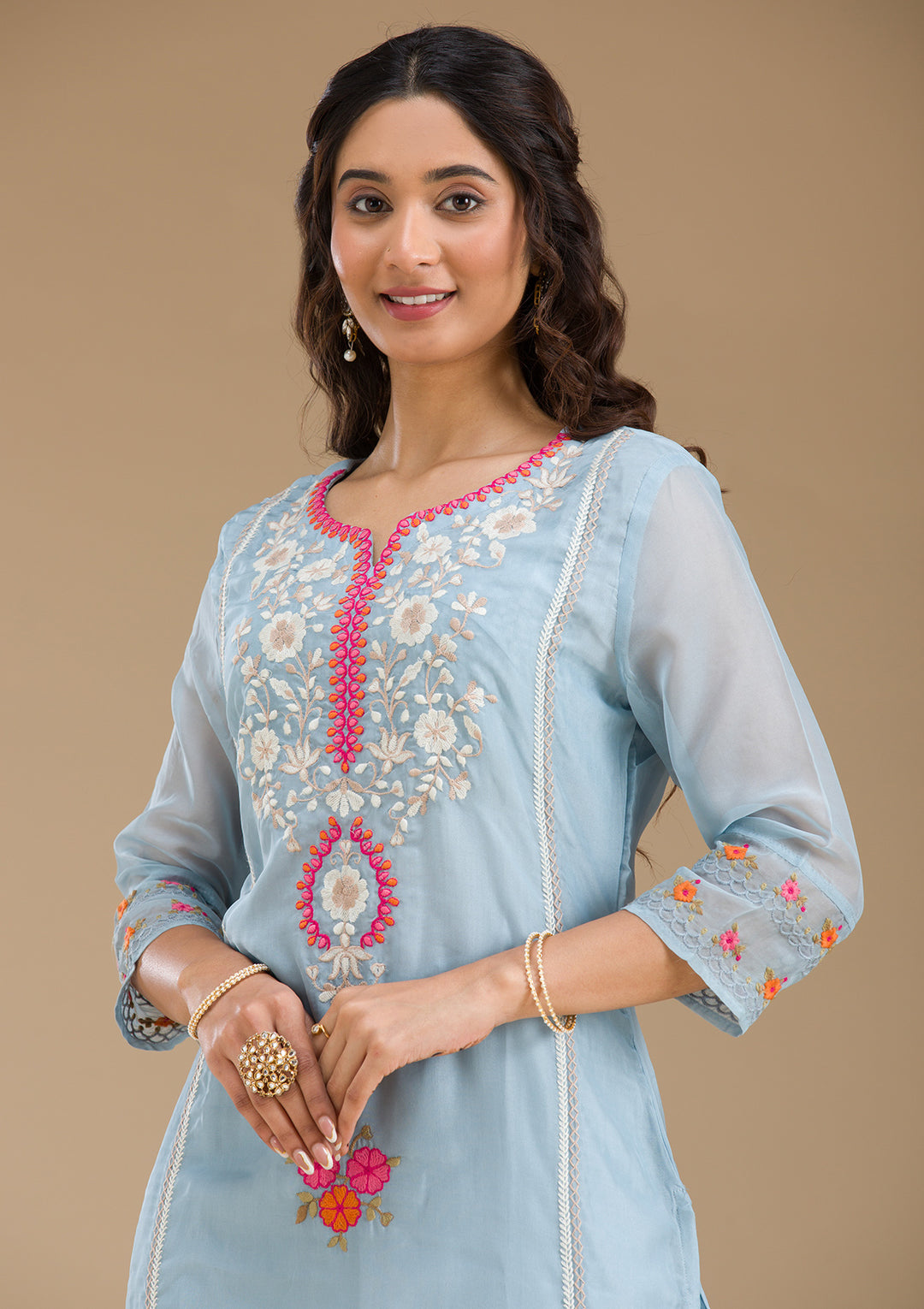 Sky Blue Threadwork Semi Crepe Readymade Salwar Suit