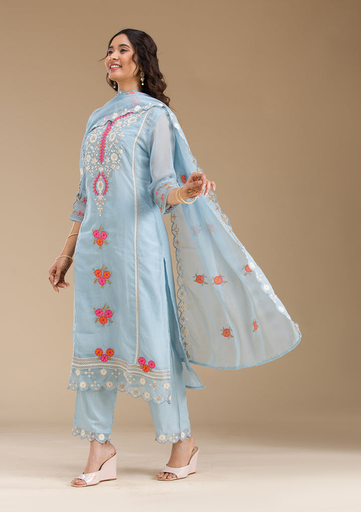 Sky Blue Threadwork Semi Crepe Readymade Salwar Suit