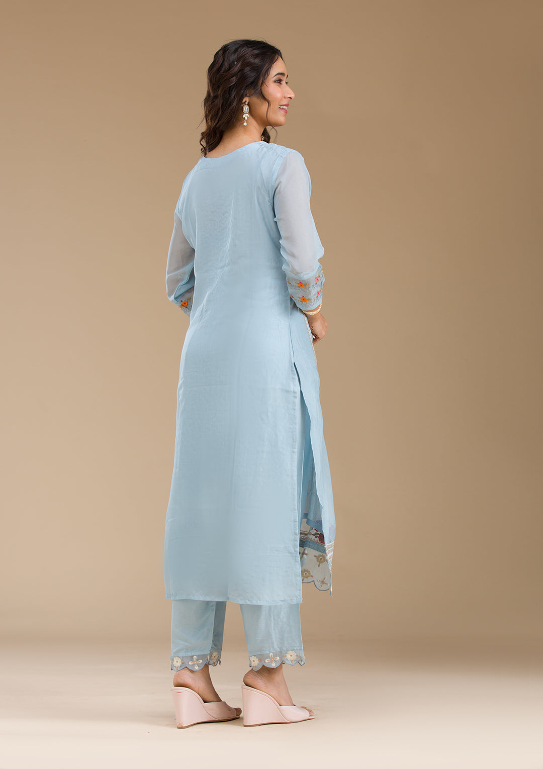 Sky Blue Threadwork Semi Crepe Readymade Salwar Suit