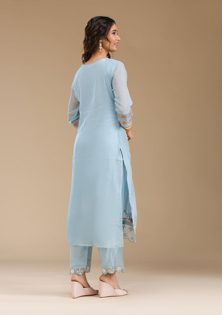 Sky Blue Threadwork Semi Crepe Readymade Salwar Suit