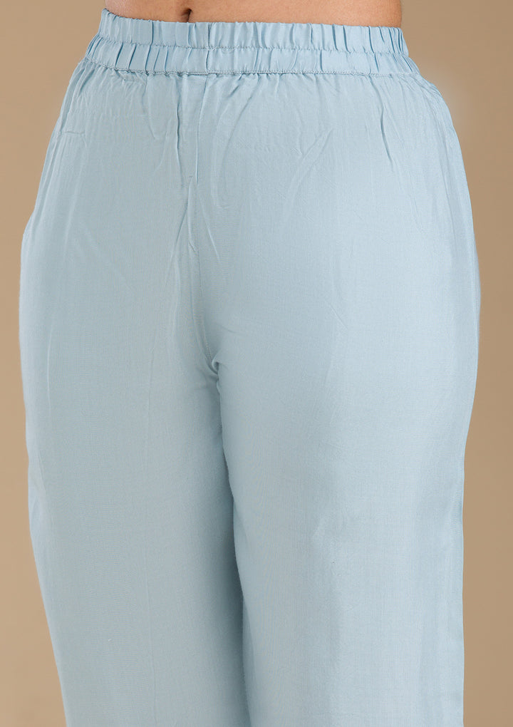 Sky Blue Threadwork Semi Crepe Readymade Salwar Suit