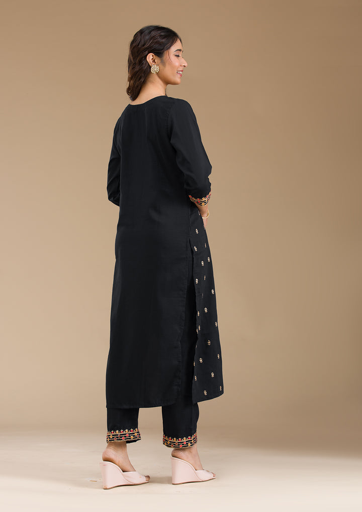 Black Threadwork Semi Crepe Readymade Salwar Suit