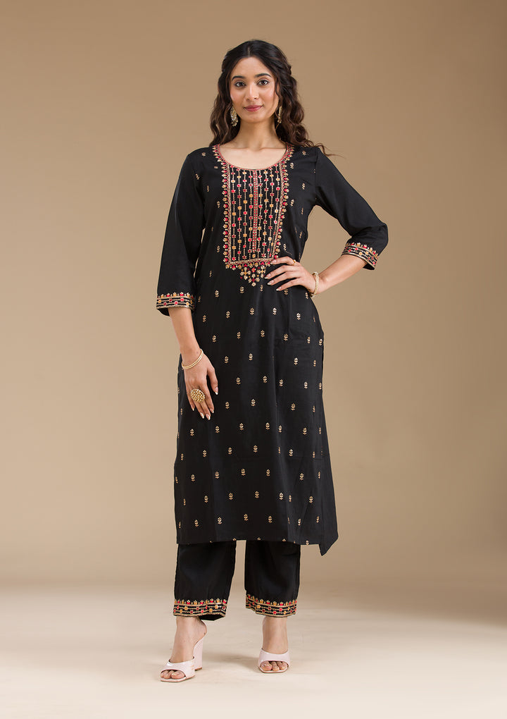 Black Threadwork Semi Crepe Readymade Salwar Suit