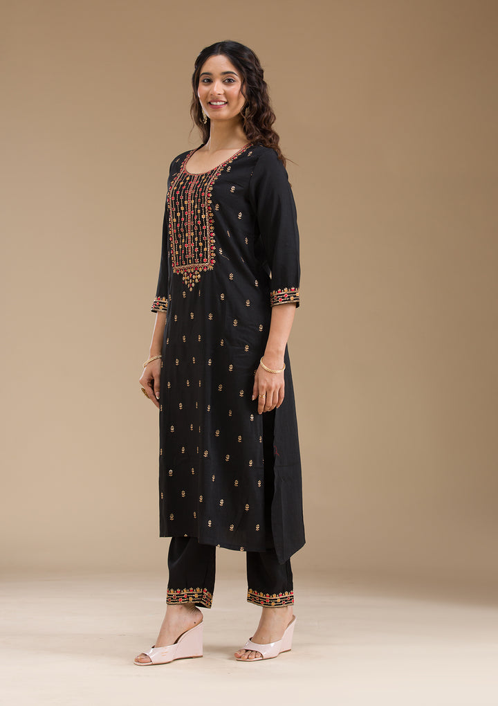 Black Threadwork Semi Crepe Readymade Salwar Suit