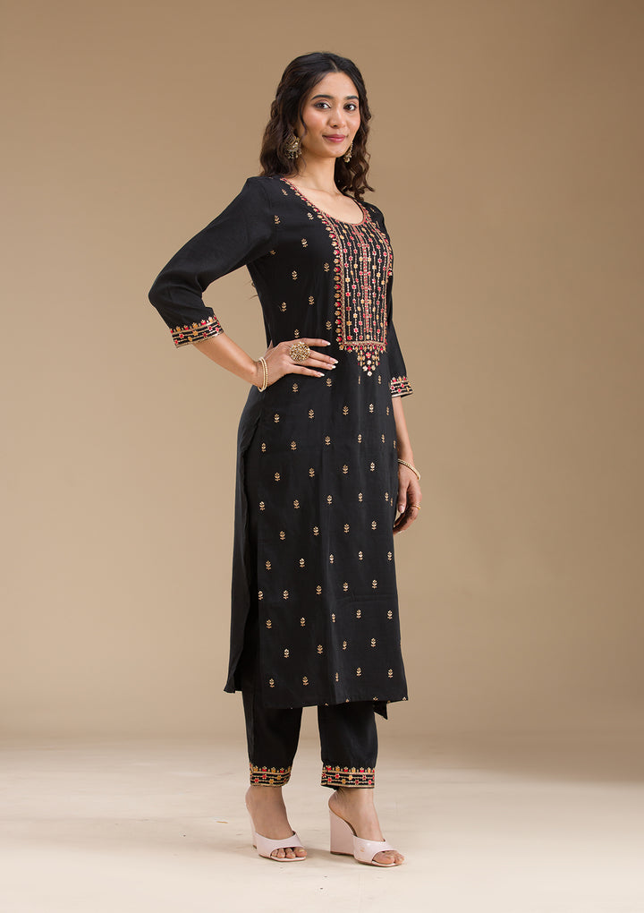 Black Threadwork Semi Crepe Readymade Salwar Suit