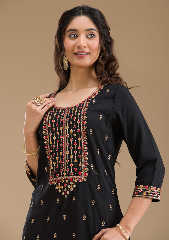 Black Threadwork Semi Crepe Readymade Salwar Suit