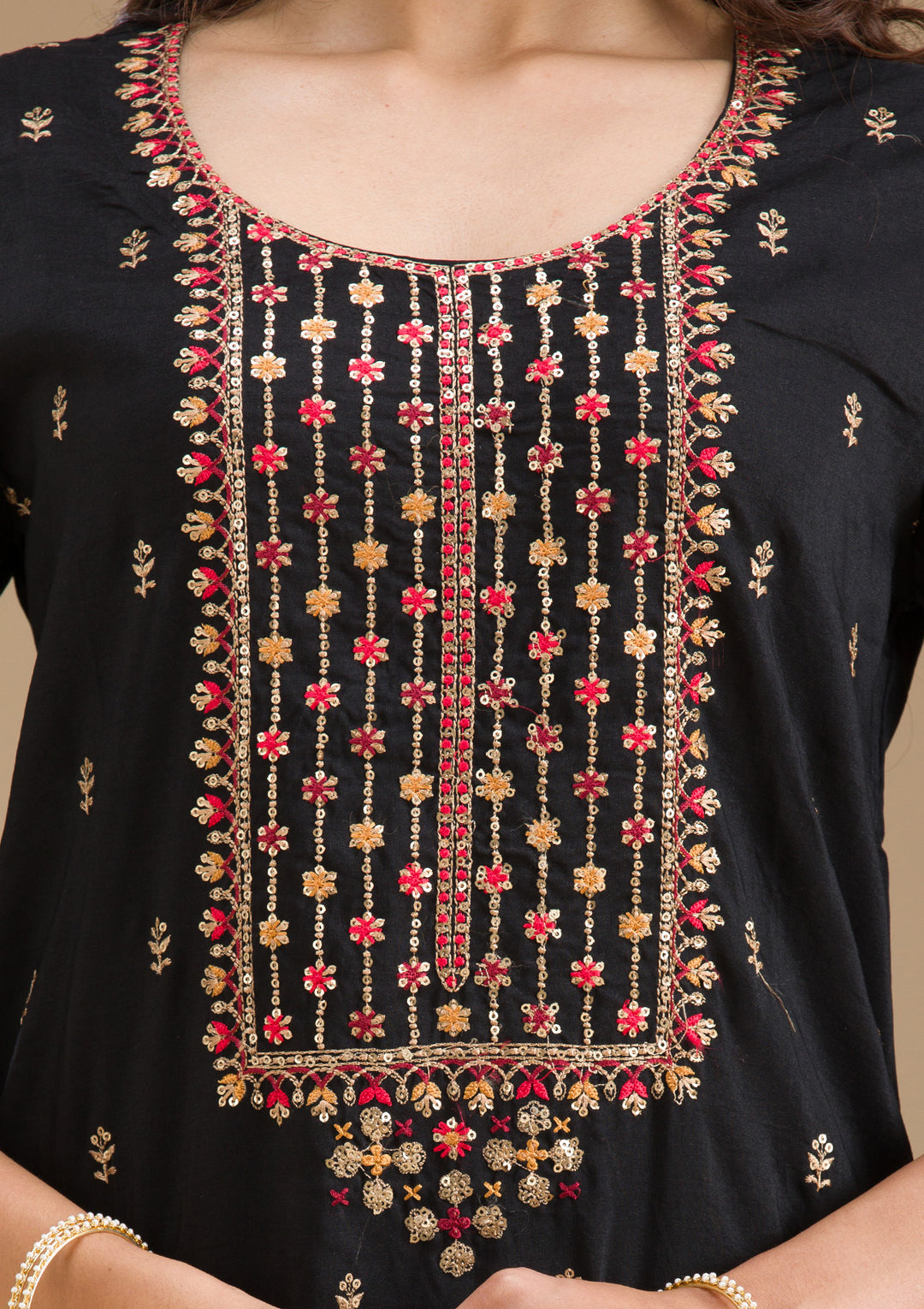 Black Threadwork Semi Crepe Readymade Salwar Suit