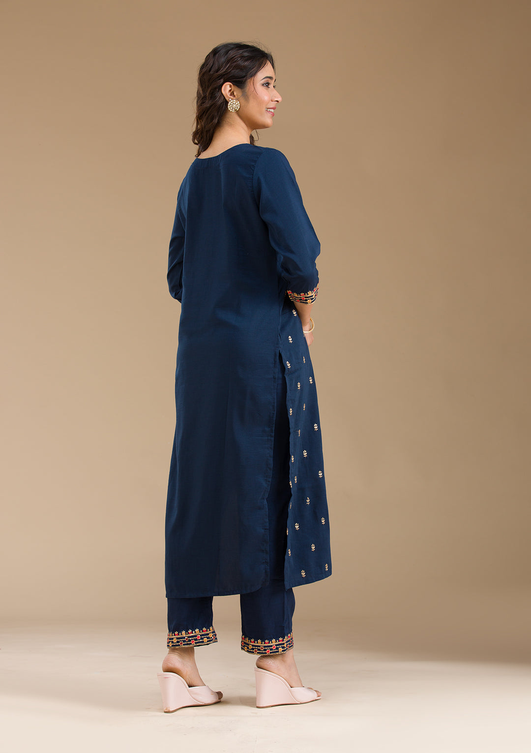 Navy Blue Threadwork Semi Crepe Readymade Salwar Suit