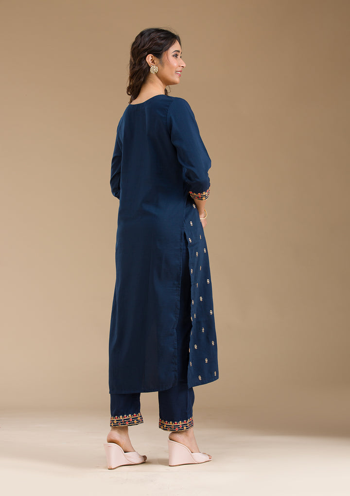 Navy Blue Threadwork Semi Crepe Readymade Salwar Suit