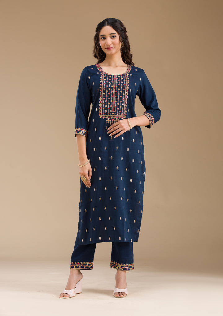 Navy Blue Threadwork Semi Crepe Readymade Salwar Suit