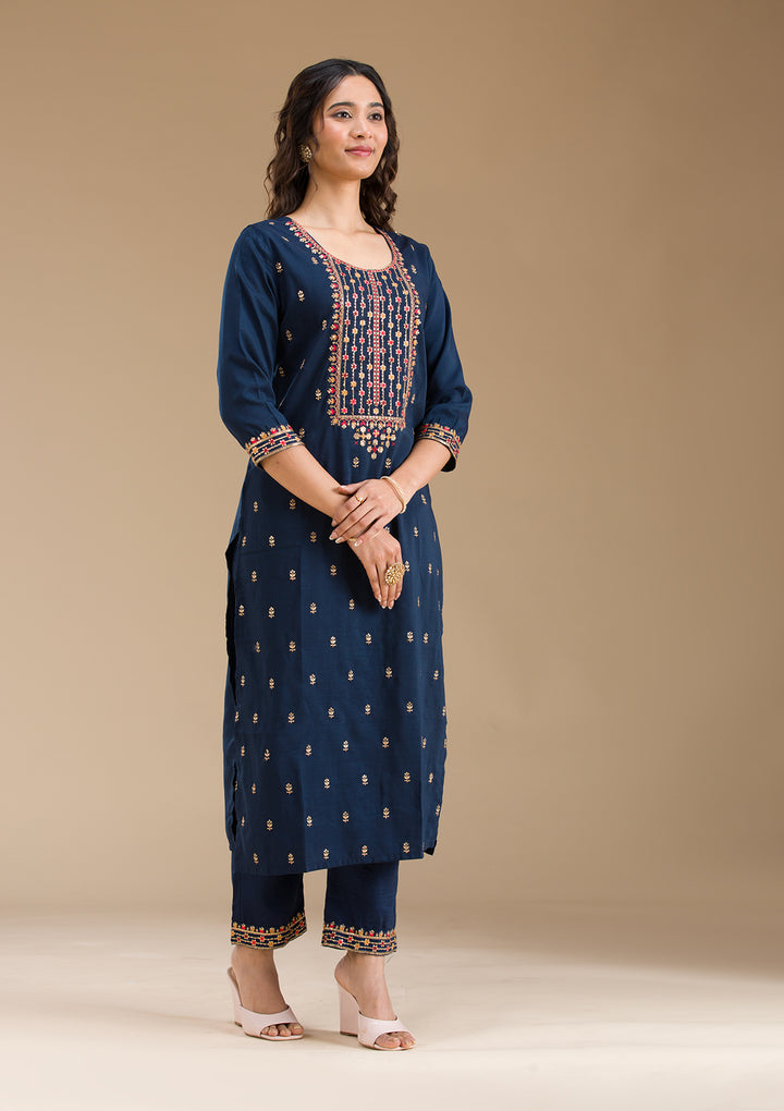 Navy Blue Threadwork Semi Crepe Readymade Salwar Suit