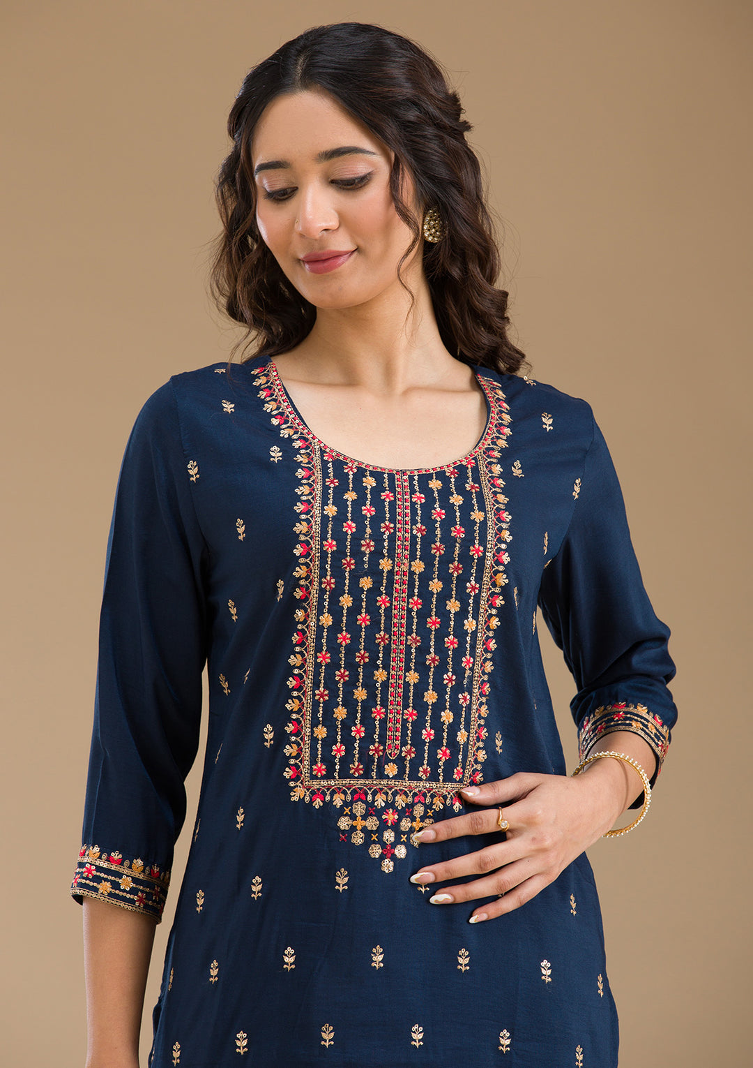 Navy Blue Threadwork Semi Crepe Readymade Salwar Suit